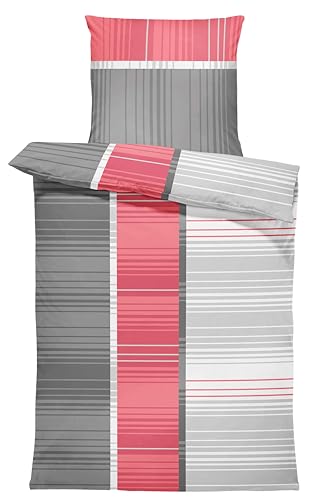 one-home Bettwäsche gestreift Streifen grafisch modern grau weiche Microfaser mit Reißverschluss, Größe: 135x200 cm, Farbe: rot/grau von one-home