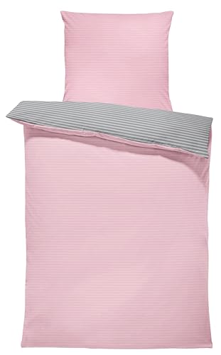 one-home Bettwäsche gestreift Streifen modern Wende Renforcé Baumwolle mit Reißverschluss, Größe:2 teilig 135x200 cm, Farbe:rosa/anthrazit von one-home