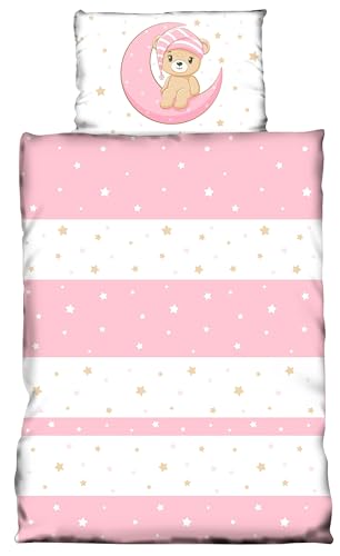 one-home Kinder Baby Bettwäsche 100x135 cm + 40x60 cm Teddy Bären Sterne Mond für Jungen und Mädchen weiche Mikrofaser Kinderbettwäsche Set, Farbe:rosa von one-home