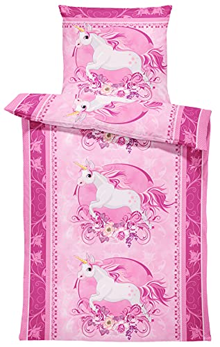 Kinderbettwäsche 135x200 cm Einhorn Unicorn Pferde rosa pink Blumen Microfaser von one-home