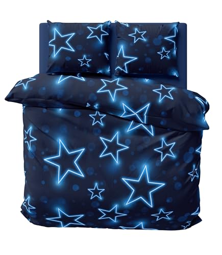 one-home Sterne Bettwäsche 200x200 cm Stern dunkel blau leuchtoptik Doppelbett Microfaser von one-home