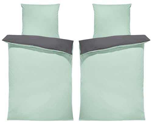one-home Uni Wende Bettwäsche Einfarbig Mikrofaser Garnituren Bettbezüge Unifarben Reißverschluss (Mint/anthrazit, 4 teilig 135x200 cm) von one-home