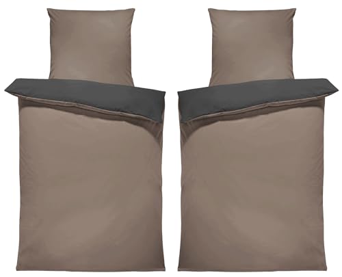one-home Uni Wende Bettwäsche Einfarbig Mikrofaser Garnituren Bettbezüge Unifarben Reißverschluss (Taupe braun/anthrazit, 4 teilig 135x200 cm) von one-home