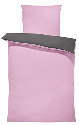 one-home Uni Wende Bettwäsche Einfarbig Mikrofaser Garnituren Bettbezüge Unifarben Reißverschluss (rosa/anthrazit, 2 teilig 155x220 cm) von one-home