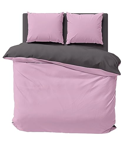 one-home Uni Wende Bettwäsche Einfarbig Mikrofaser Garnituren Bettbezüge Unifarben Reißverschluss (rosa/anthrazit, 3 teilig 240x220 cm) von one-home