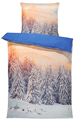 one-home Winter Bettwäsche 135x200 cm Winterlandschaft Schnee blau Flausch Thermofleece von one-home