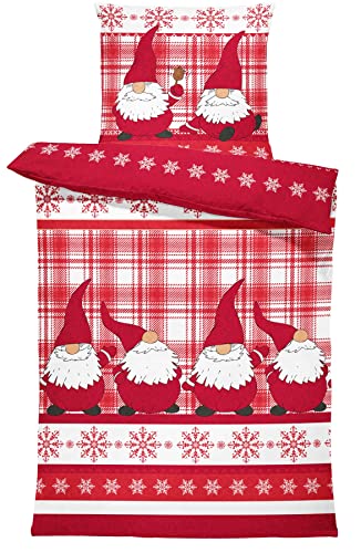 one-home Winter Bettwäsche 155x220 cm Wichtel Christmas kariert rot Flausch Warme Fleece von one-home