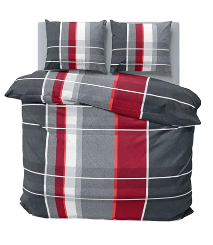 one-home Winter Bettwäsche 200x220 cm kariert gestreift grau rot Flausch Warme Fleece von one-home