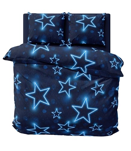 one-home Winter Bettwäsche 240x220 cm Sterne dunkel blau leuchtoptik Flausch Warme Fleece von one-home