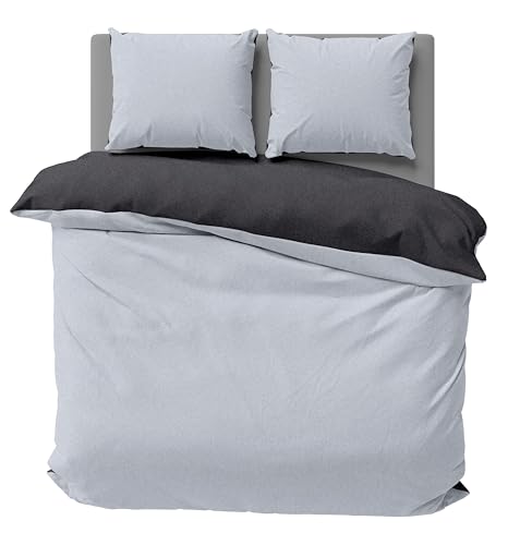 one-home Winter Bettwäsche Doubleface Uni Wende kuschelig flauschig warm weich Fleece, Größe:3 teilig 200x200 cm, Farbe:grau/anthrazit von one-home
