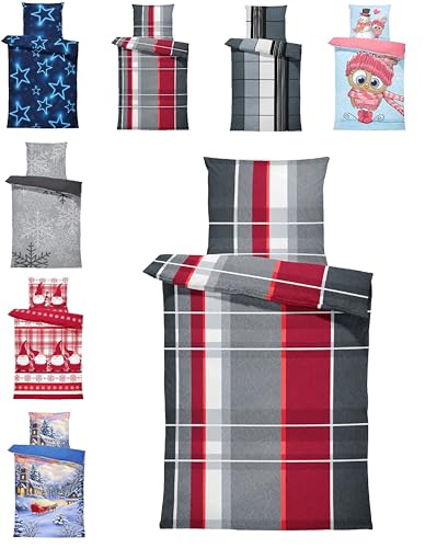 one-home Winter Bettwäsche Thermo Fleece Kuschelig Warme Bettbezüge Flauschig Warm Weich, Größe:4 teilig 135x200 cm, Farbe:Streifen Rot Grau von one-home