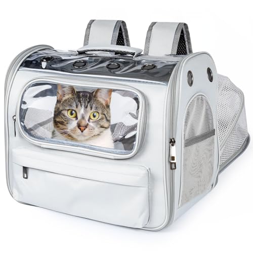 Onebarleycorn Erweiterbar Katzenrucksack für Katzen und Kleine Hunde, Katzen Rucksack Transportrucksack Katze Rucksack Transport Cat Backpack bis 2-8kg mit Fenster, Atmungsaktive, Faltbare, Grau von onebarleycorn