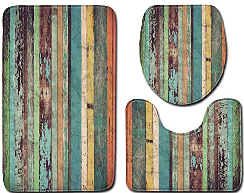 oneforus 3-teiliges Badezimmermatten-Set, Buntes Holz-Toilettenvorleger-Set rutschfeste und weiche Badematten WC-Sitzmatte Badezimmerteppich waschbar oneforus 3-teiliges Badezimmermatten-Set, Buntes Holz-Toilettenvorleger-Set rutschfeste und weiche Badematten WC-Sitzmatte Badezimmerteppich waschbar von oneforus