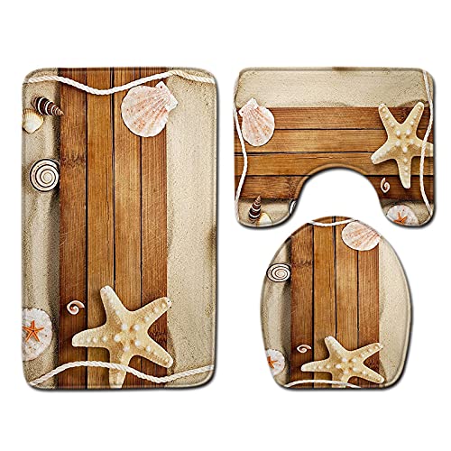 oneforus Badematten Set,Strand Seestern Toilettenteppich Set 3-teilige rutschfeste und weiche Badematten Toilettensitzmatte Badezimmerteppich waschbar von oneforus