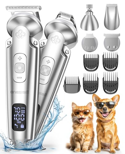 oneisall 4 in 1 Leise Schermaschine Hund Katze, 3-Gang Pfotentrimmer für Hunde bis zu 7000RPM, IPX7 Wasserdichtes Hundeschermaschine&Pfotentrimmer&Krallenschleifer 2000mAh Wiederaufladbar von oneisall