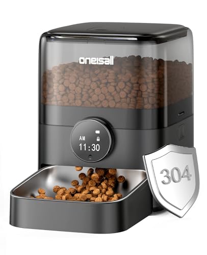 oneisall Futterautomat Katze, 3L Katzenfutter Automat mit 304 Edelstahlnapf, 1-6 Mahlzeiten pro Tag, Trockenfutterspender für Katzen/Hunde, mit Programmierbarem Timer von oneisall