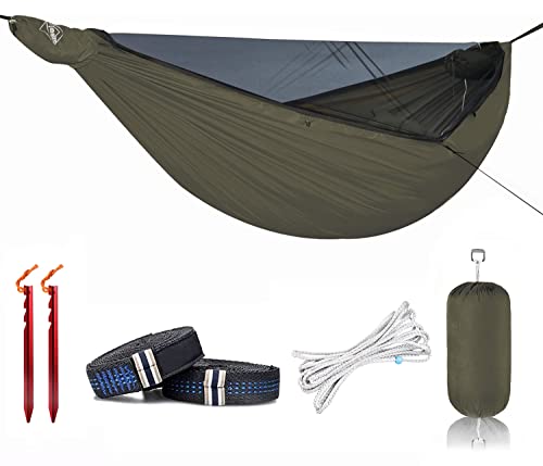 Onewind 12‘ Camping Hängematte mit Moskitonetz Portable leichte doppelte Hängematte 40D Durable Ripstop Nylon mit Reißverschluss Bugnet Ridgeline Tree Strap Camping, Wandern, Backpacking 335cm von onewind