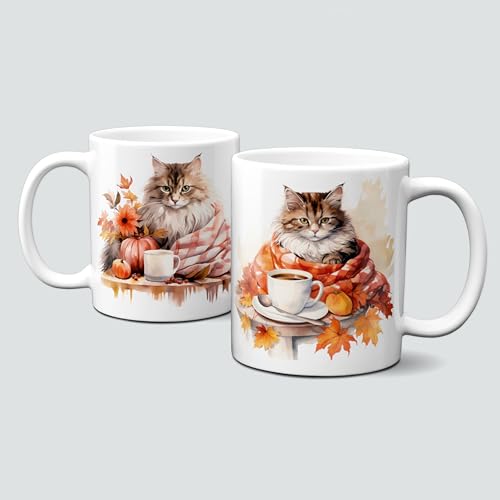 online-hut - Tasse - Kaffeebecher - Katzentasse - Katze beim Kaffee - Herbst/Winter - LT-200 von online-hut