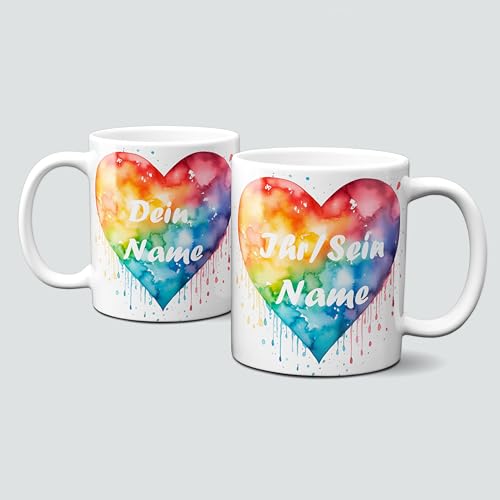 online-hut - Tasse - Kaffeebecher - Valentinstag - personalisierte Pärchen Tasse mit Regenbogenherzen - VT-01 von online-hut
