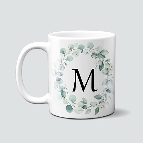 online-hut - Tasse - Kaffeetasse - Kaffeebecher - Monogrammtasse A-Z - Lieblingstasse - Eucalyptus - Blätterkranz - Buchstabe - NT-111 (M) von online-hut