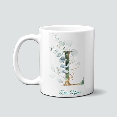 online-hut - Tasse - Kaffeetasse - Kaffeebecher - Monogrammtasse A-Z - Lieblingstasse - personalisierbar - Dein Name - Eucalyptus/Gold - NT-118-2 (L) von online-hut