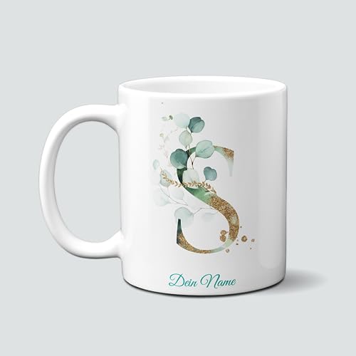 online-hut - Tasse - Kaffeetasse - Kaffeebecher - Monogrammtasse A-Z - Lieblingstasse - personalisierbar - Dein Name - Eucalyptus/Gold - NT-118-2 (S) von online-hut