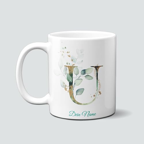 online-hut - Tasse - Kaffeetasse - Kaffeebecher - Monogrammtasse A-Z - Lieblingstasse - personalisierbar - Dein Name - Eucalyptus/Gold - NT-118-2 (U) von online-hut