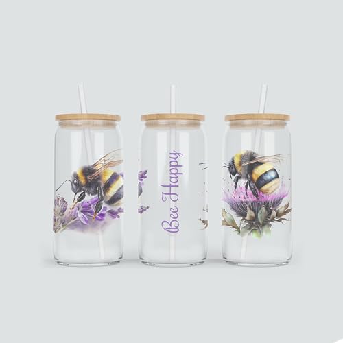 online-hut - Trinkglas - Longdrink Glas - Becher aus Glas inkl. Deckel und Strohhalm - mit Biene und Bee Happy Schriftzug - TB-05 (Transparent) von online-hut