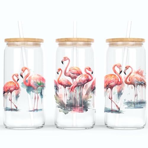 online-hut - Trinkglas - Longdrink Glas - Becher aus Glas inkl. Deckel und Strohhalm - mit Flamingo Kolonie - A-TB-01-1 (Transparent) von online-hut