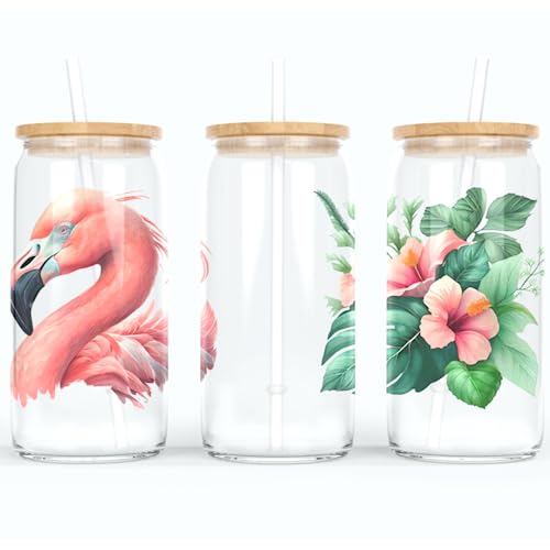 online-hut - Trinkglas - Longdrink Glas - Becher aus Glas inkl. Deckel und Strohhalm - mit Flamingo und Hibiskus Design- A-TB-03-1 (Transparent) von online-hut