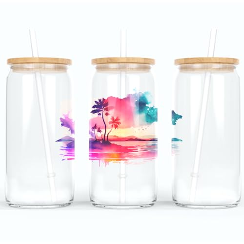 online-hut - Trinkglas - Longdrink Glas - Becher aus Glas inkl. Deckel und Strohhalm - mit Meer und Palmen - A-SB-03-1 (Transparent) von online-hut