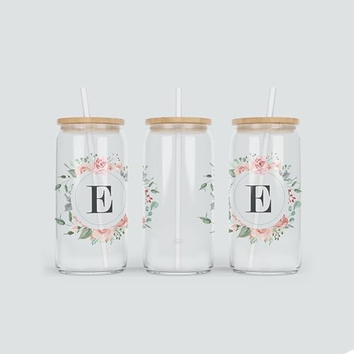 online-hut - Trinkglas - Longdrink Glas - Becher aus Glas inkl. Deckel und Strohhalm - mit Monogramm A-Z und Blumenkranz - Rosa - Geschenkidee - BNT-113 (E) von online-hut