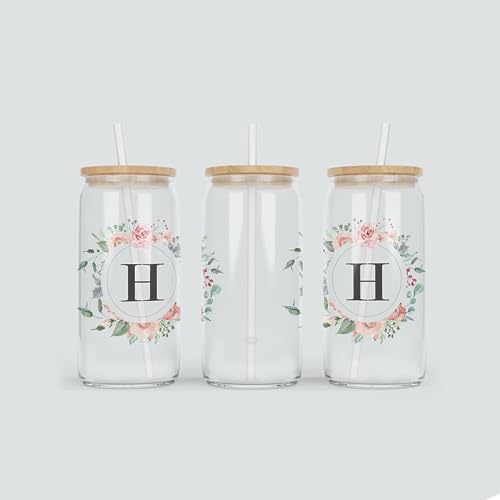 online-hut - Trinkglas - Longdrink Glas - Becher aus Glas inkl. Deckel und Strohhalm - mit Monogramm A-Z und Blumenkranz - Rosa - Geschenkidee - BNT-113 (H) von online-hut