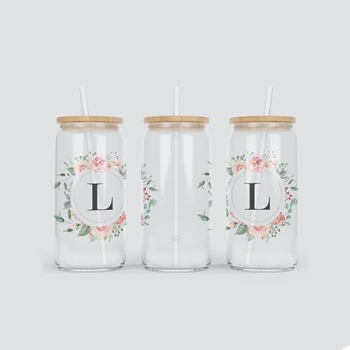 online-hut - Trinkglas - Longdrink Glas - Becher aus Glas inkl. Deckel und Strohhalm - mit Monogramm A-Z und Blumenkranz - Rosa - Geschenkidee - BNT-113 (L) von online-hut