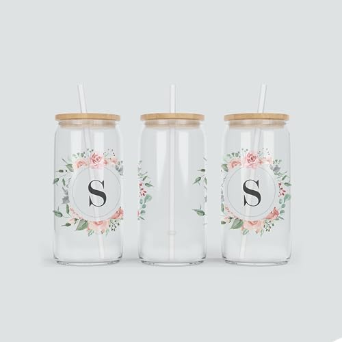 online-hut - Trinkglas - Longdrink Glas - Becher aus Glas inkl. Deckel und Strohhalm - mit Monogramm A-Z und Blumenkranz - Rosa - Geschenkidee - BNT-113 (S) von online-hut