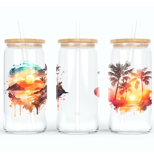 online-hut - Trinkglas - Longdrink Glas - Becher aus Glas inkl. Deckel und Strohhalm - mit Sonnenuntergang am Meer - A-SB-02-1 (Transparent) von online-hut