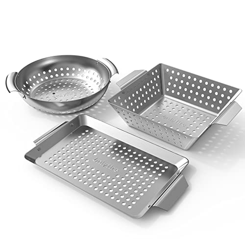 Onlyfire Grillschale Edelstahl 3er Set, Grillkorb mit Tragegriffen, Grillschale für Gemüse, Fleisch & Garnelen, Mini Gemüsekorb Grillpfanne für Grill, Grillzubehör von only fire