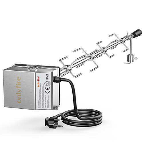 Onlyfire Universal Grillspieß Set, 120 cm inkl. 4X Fleischnadeln und Edelstahl Motor, 220V - 240V, Drehspieß, Rotisserie, Drehspiess von only fire