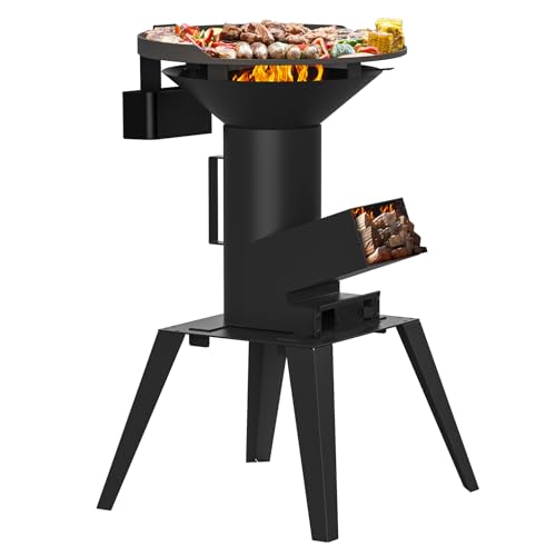 Onlyfire Raketenofen Set mit Grillplatte, Grillrost und Topfgestell, 3 in 1 Multifunktion Rocket Stove, Raketenofen Groß mit Standfüßen, Tragbarer Holzofen für Outdoor, Campinggrill von onlyfire
