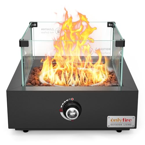 Onlyfire Tisch Gas Feuerstelle, Quadratische Outdoor Feuertisch mit Glaswindschutz, Lavastein und Hinterem Lufteinlass, Multifunktional Tischfeuer für Heizung, BBQ Grill & Ambientebeleuchtungen von onlyfire