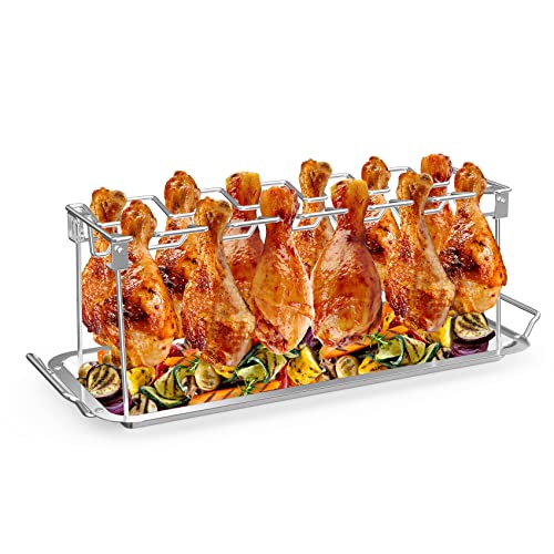 onlyfire Edelstahl Chicken Wing Leg Rack/Halter mit Abtropfschale, BBQ Grill Rack halten bis zu 12 Chicken Wings Beine für Smoker Grill, Ofen und Holzkohlekocher von onlyfire