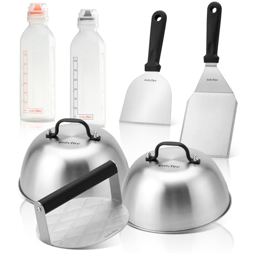 onlyfire Smash Burger Set, 7-Teiliges Grillbesteck Set Enthält 2 Burgerglocken, 1 Pattypresse, 2 Grillspachtel und 2 Squeeze Flasche mit Skala, Burger Smasher Set für Plancha, Grillplatte, Gasgrill von onlyfire
