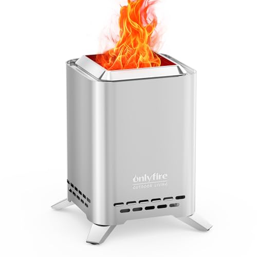 onlyfire Tischkamin mit Topfhalter und Tragetasche, 2 in 1 Feuerstelle Outdoor Quadratisch, Feuerschalen für den Garten Camping Terrasse, Befeuert Holz und Pellets, Tragbare Tischfeuerstelle, Silber von onlyfire