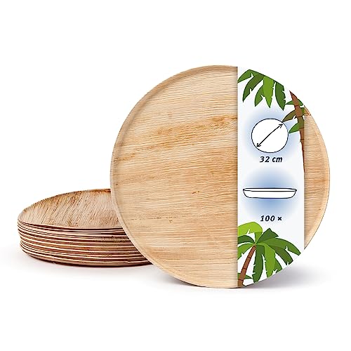 onlyleaf Palmware Pizza Einwegteller I Wegwerfgeschirr Partygeschirr aus Palmblatt I 100 x Pizzabrett rund 32 cm, flach, mit Rand I Palmblatt Einweggeschirr biologisch abbaubar & kompostierbar von onlyleaf