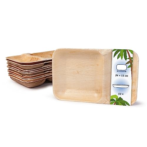 onlyleaf Palmware - hochwertiges Palmblattgeschirr I 50 Stück Einweg Menüschale aus Palmblatt rechteckig 24x15 cm mit 2 separaten Kammern I Bio Einweggeschirr biologisch abbaubar von onlyleaf
