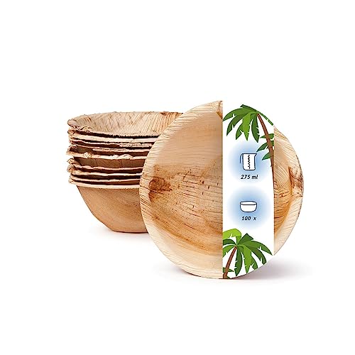 onlyleaf Palmware - umweltfreundliches Einweggeschirr aus Palmblättern I 100 Stück Palmblatt Schale rund 275ml Ø13,5cm I Salat-Schüssel Dipschalen Suppenschale Servierschale Snackschale von onlyleaf