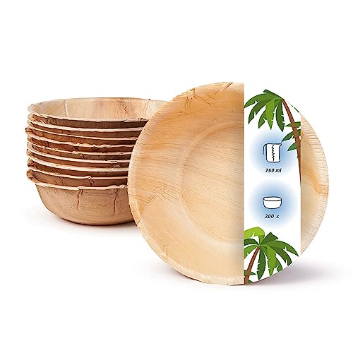onlyleaf Palmware - umweltfreundliches Einweggeschirr aus Palmblättern I 200 Stück Palmblatt Schale rund 750ml I Salat-Schüssel Dipschalen Suppenschale Servierschale Snackschale von onlyleaf