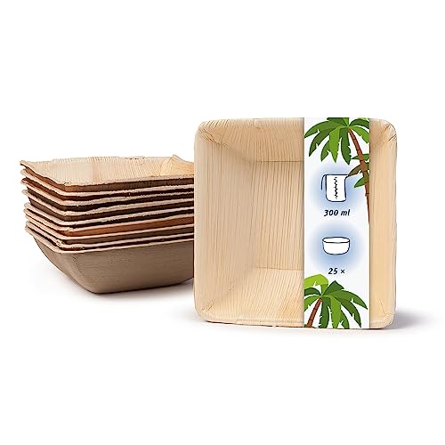 onlyleaf Palmware - umweltfreundliches Einweggeschirr aus Palmblättern I 25 Stück Palmblatt Schale quadratisch 300ml 13cm I Salat-Schüssel Dipschale Suppenschale Servierschale Snackschale von onlyleaf