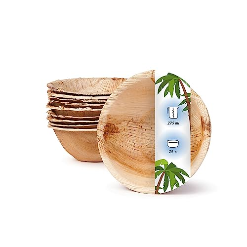 onlyleaf Palmware - umweltfreundliches Einweggeschirr aus Palmblättern I 25 Stück Palmblatt Schale rund 275ml Ø13,5cm I Salat-Schüssel Dipschalen Suppenschale Servierschale Snackschale von onlyleaf