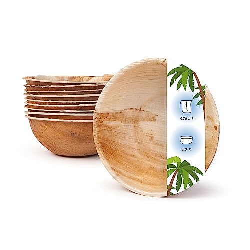 onlyleaf Palmware - umweltfreundliches Einweggeschirr aus Palmblättern I 50 Stück Palmblatt Schale rund 425ml Ø15cm I Salat-Schüssel Dipschalen Suppenschale Servierschale Snackschale von onlyleaf